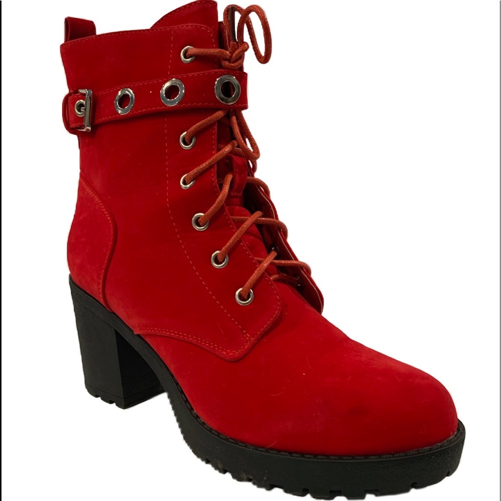 Koi Animal Friendly Suede Lace Up Zipper Rubber Sole Biker Ankle Boots Red - Picture 3 of 8